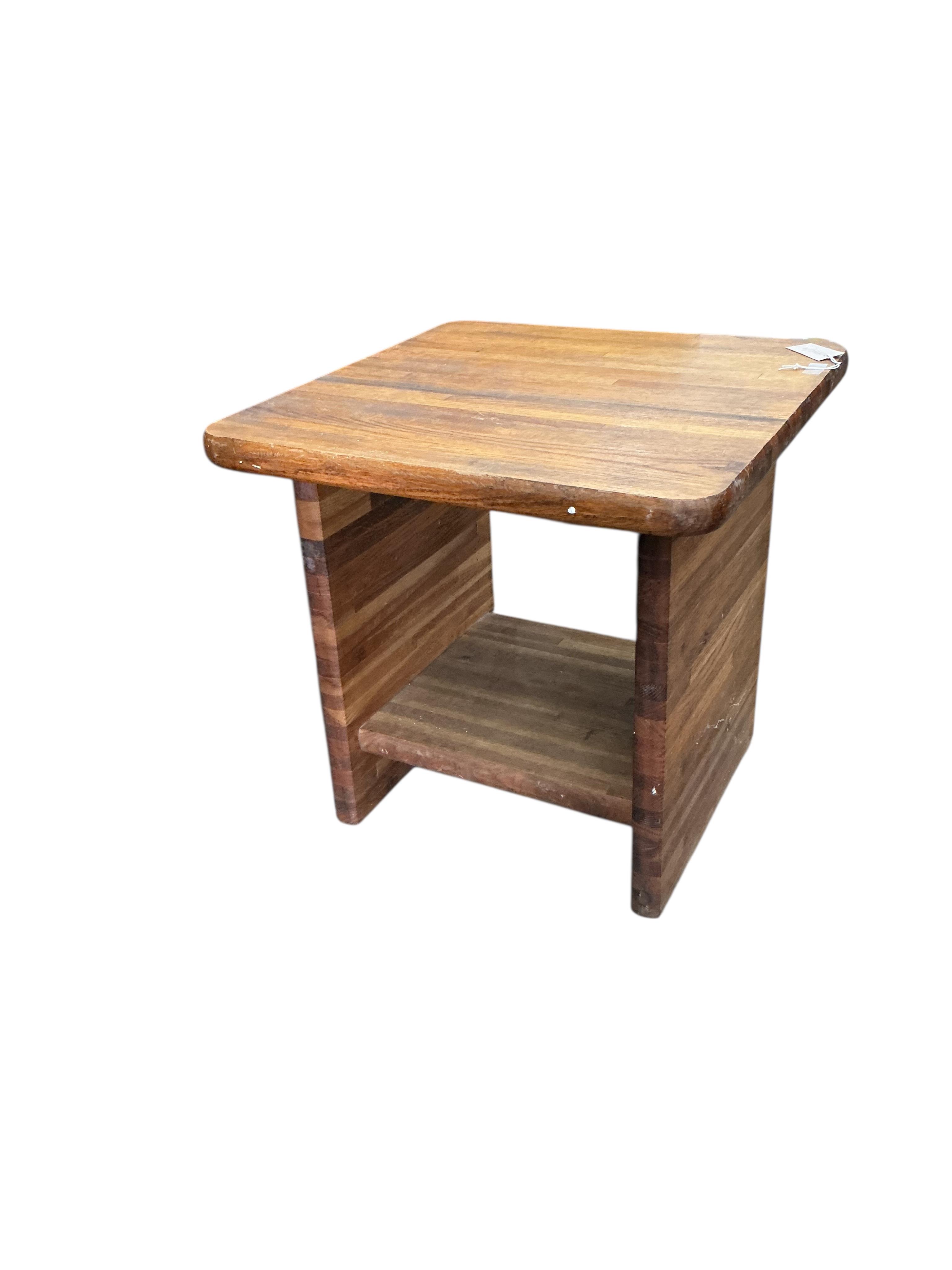 A mid century square oak two tier occasional table, 56cm, height 55cm